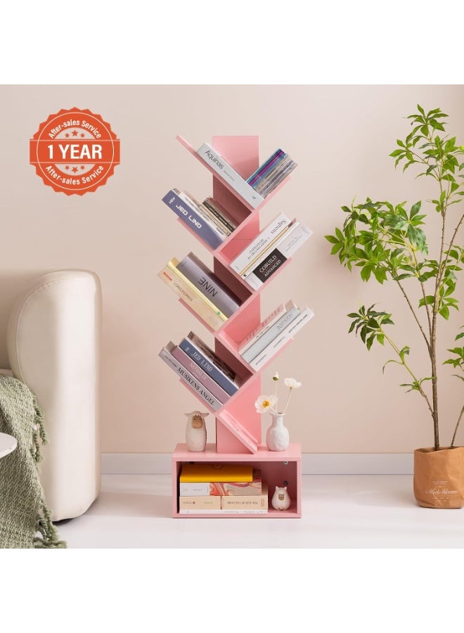 Yoobure Tree Bookshelf - 6 Shelf Retro Floor Standing Bookcase, Tall Wood Book Storage Rack for CDs/Movies/Books, Utility Book Organizer Shelves for Bedroom, Living Room, Home Office Pink - Image 2
